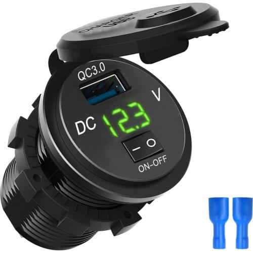 SOONHUA Waterproof QC 3.0 Car Charger Digital Voltage Display With ON-OFF Switch USB Charging Socket For Motorcycle Car Charger