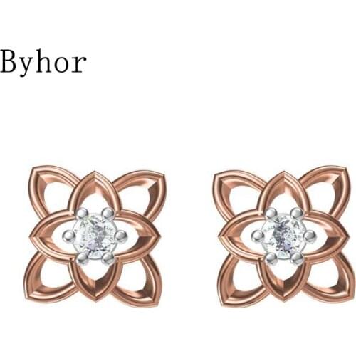Byhor Solid 14K White/Yellow+White/Rose+White Gold 0.132ct H/SI Natural Diamonds Stud Earrings Women Flower Cерьги Fine Jewelry