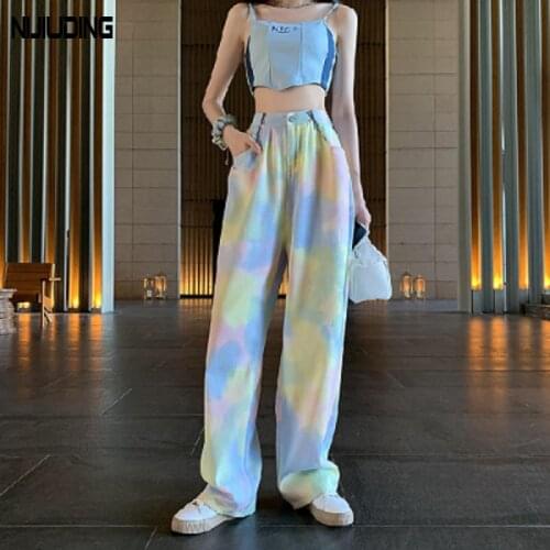 Retro Jeans for Women High Waist Female Tie Dye Package Wide Leg Pants Denim Jeans 2021 Streetwear Women Loose Loose Trousers