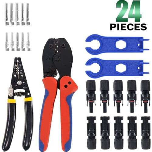 Solar Crimping Tools, Wire Stripper, 5 Pairs of Male/Female Solar Panel Cable Connectors, 2pcs Solar Connector Spanner To