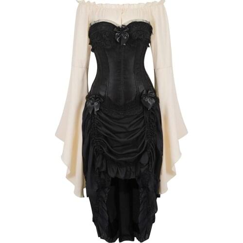 Corset Bustiers with Pirate Skirt and Blouse Eegant Tight Lace Corsetto Plus 3 Piece Costume Steampunk Carnival Dance Party