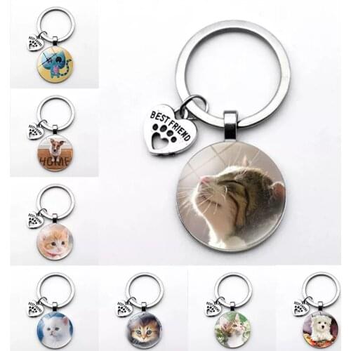 Cute Puppy Kitten Pattern Key Chain Cat And Dog I Love Glass Pendant Mini Heart Key Chain Car Key Men And Girls Favorite Souveni