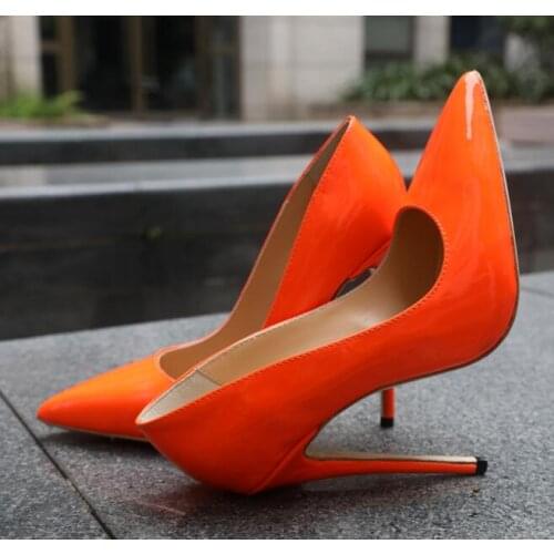 Moraima Snc Orange Patent Leather Office Lady Heels Sexy Poitned Toe Shallow Stiletto Heels Super High Thin Heels Woman Pumps