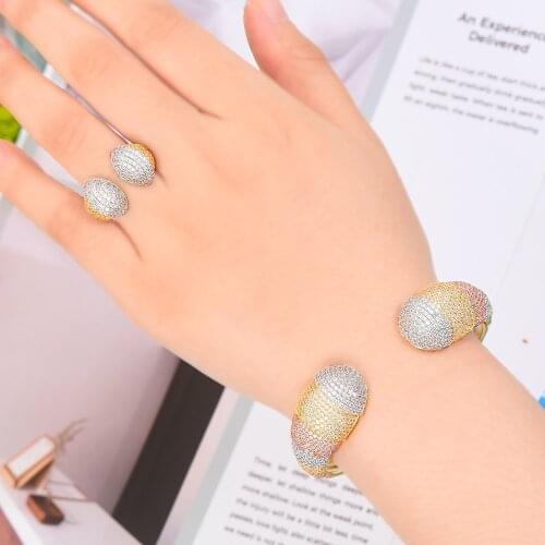 LARRAURI Indian African Nigerian Bridal Luxury Open Bangle Ring Sets for Women Wedding Dubai Wedding Party Bangle Ring Sets