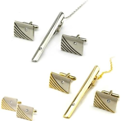Cufflinks Tie Bar Clasp Clip Set Gift Metal Mens Polished Gold Tone Modish