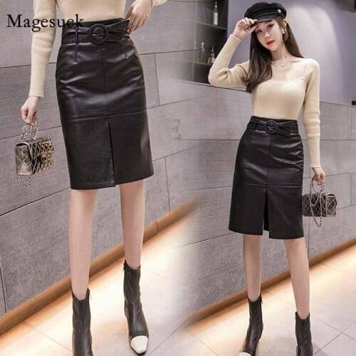 2020 Autumn Winter Sexy Fashion High Waist Slim A-line Skirt Chic Split Bag Hip Skirt Mid-length PU Leather Black Skirt 12129