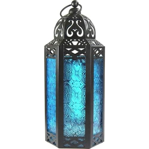 Morocco Style Wrought Iron Hanging Candle Holder Decorative Candle Storm Lantern Desktop Ornaments (Blue)