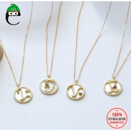 ElfoPlataSi Luxury 925 Sterling Silver Fashion 26 Gold Shell CZ Letter Pendant Necklace For Women Wedding Party Jewelry DA109