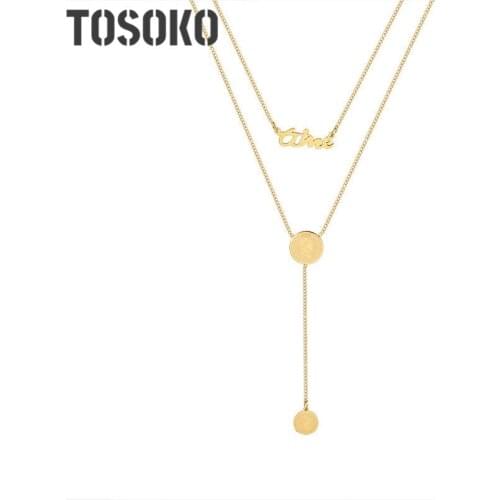TOSOKO Stainless Steel Jewelry Super Long Tassel Portrait Round Card Pendant Multi Layered Necklace For Women BSP804