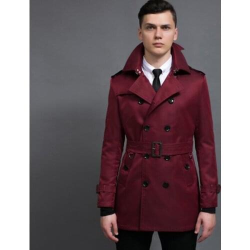 Free shipping england slim sexy trench coat men overcoat long sleeve mens clothing business outerwear wine red spring autumn