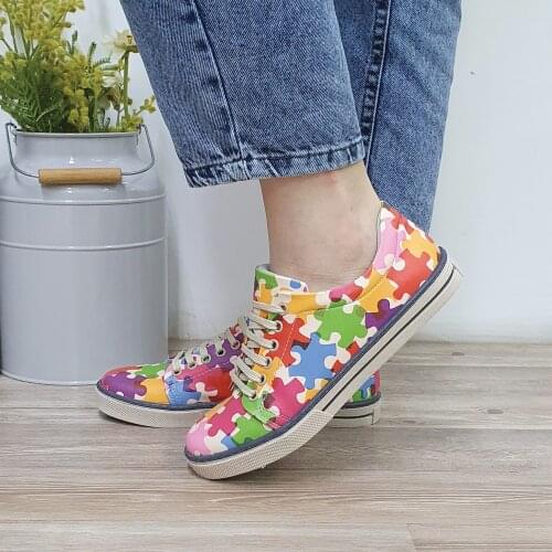 Digital Printed Colored Puzzle Pattern Women Sneakers