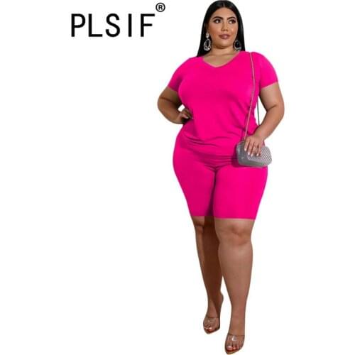 Big size casual womens wear v-neck short sleeve top and tight shorts 2 piece set simple style summer suits