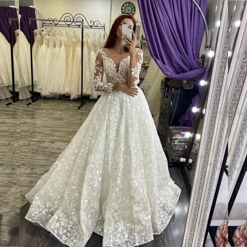 Robe De Mariage Summer Nude Tulle Full Lace Long Sleeves A Line Wedding Dress 2021 Scoop Neck Women Bridal Gown Plus Size Bride