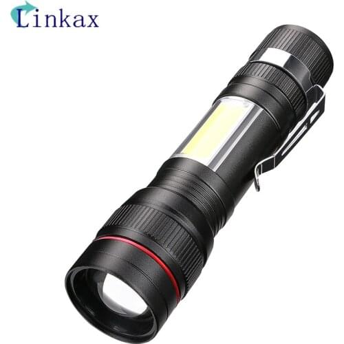 3 Modes LED Flashlight USB Rechargeable Battery Powerful T6 Torch Side COB Light Design Flashlight with USB Cable+Storage Case