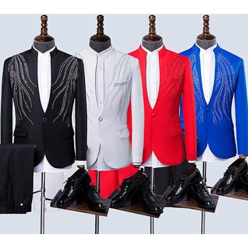 4 Colors Adult Male Choral Dress Rhinestones Men Suits Crystals Tuxedo Magician Prom Party Host Performance Wedding Stage Outfit