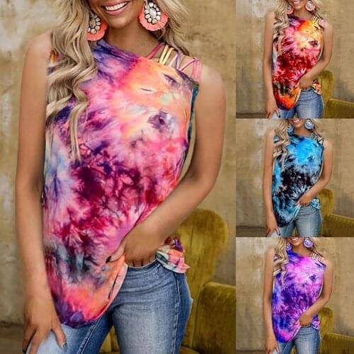 Summer Women Vest Off Shoulder Tie Dye Print Sleeveless Loose Blouse T-shirt Sexy Streetwear Tee Plus Size Streetwear top mujer