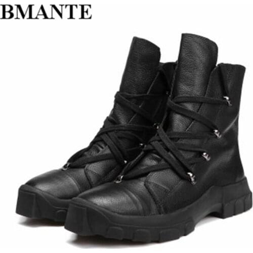 Bmante Men Boots Winter Genuine Leather Handmade Trainers Basic Ankle Boots High Top Lace up Shoes Gothic Dark Owen Sneakers