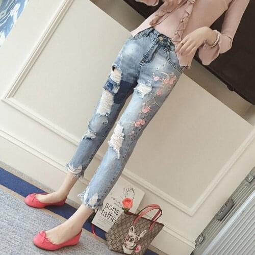 200 Jin fat mm holed jeans Capris spring and autumn womens clothing fat sister loose and thin high waist Harem Pants