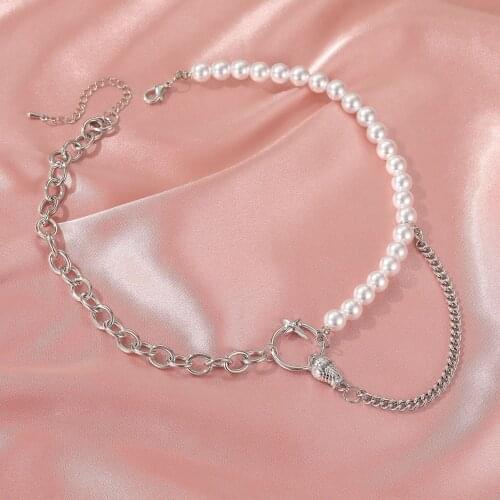 Faux Pearl Link Chain Choker Necklace Women Silver Color Stainless Steel Lady Necklace Fashion Femme Jewelry