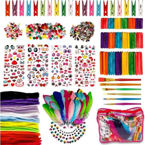 Wooden Popsick Sticks/ Pompoms/ Sequins/ Colorful clips Educational DIY Craft Toy Art Supplies Kit for Kid Parent-child Toys