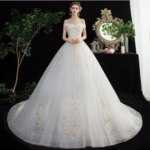 Wedding Dress Elegant Boat Neck Court Train Lace Up Ball Gown Vintage Lace Embroidery Wedding Dress Vestido De Noiva