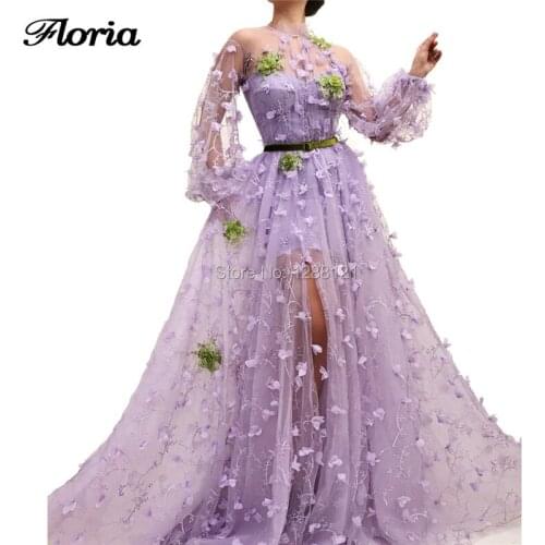 Elegant Arabic Flower Evening Dress With Long Sleeves Dubai Aibye Couture Prom Dress Robe de soiree 2019 Turkish Pageant Gowns