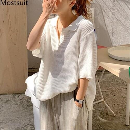 2020 Summer Korean Oversized Knitted T Shirts Tops Women Short Sleeve Turn-down Collar Solid Loose Casual Fashion T-shirts Tees