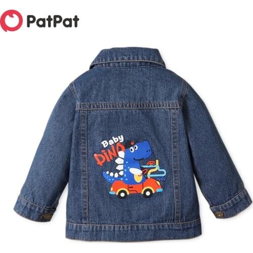 PatPat Dinosaur and Letter Print Button Front Denim Long-sleeve Baby Coat Jacket