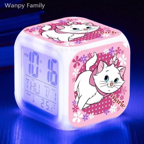 Cute Marie cat Alarm Clock LED Big Screen 7 Color Glowing For Kids Birthday present Multifunction Touch Sensing Electron Clock