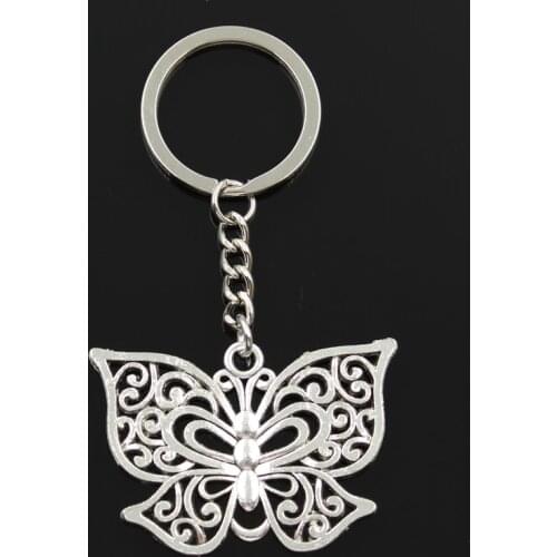 Fashion 30mm Key Ring Metal Key Chain Keychain Jewelry Antique Silver Color Plated Hollow Butterfly 35x50mm Pendant