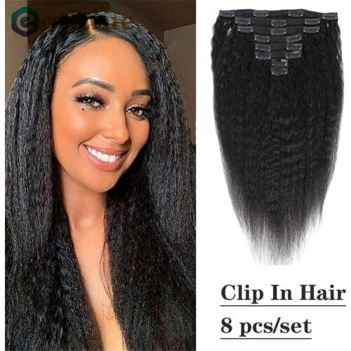 Clip Ins Human Hair Indian Remy Yaki Straight Hair Clip In Human Hair Extensions Natural Color 8 Pieces/Set Full Head Sets 120G