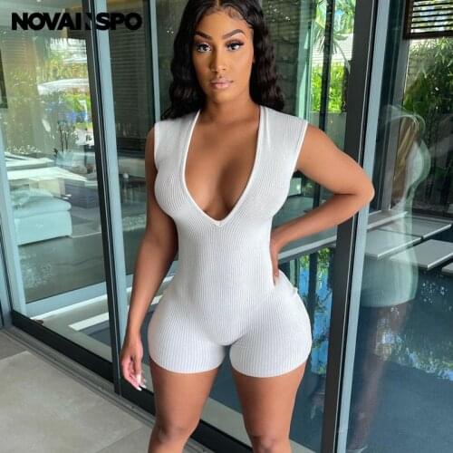NOVAINSPO Deep V Neck Ribbed Sportswear Athleisure Playsuits Casual Fitness Summer Sleeveless Workout Womens Rompers Baddie