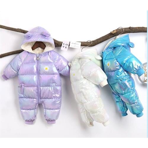 New Plus Velvet Jumpsuits Baby Winter Rompers Cartoon Hooded Shiny Waterproof Newborn Girls Snowsuit Toddler Boys Coat clothes