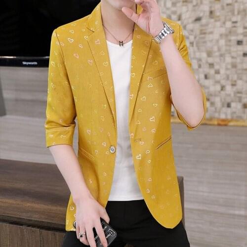 HOO 2021 Mens Spring New Printing Stylish Slim-Fitting blazer Youth Summer Middle-Sleeve Floral-Print blazer