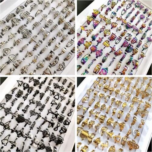 Bulk lots 100pcs Multi-design Mix Laser Cut Ring Womens SILVER/GOLD/BLACK/RAINBOW stainless Steel Party Ring Trendy Jewelry