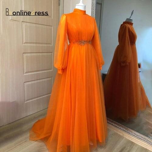 Orange Caftan Prom Dresses Moroccan Applique Formal Party Gown Arabic Dubai Muslim A Line Long Tulle Women Evening Dresses