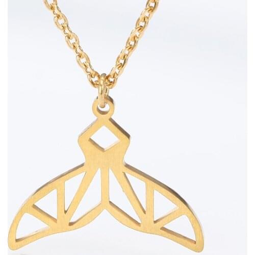 Stainless Steel Gold Color Origami Simple Mermaid Tail Necklace Friendship Gifts Whale Tail Charm Womens Necklaces Pendants