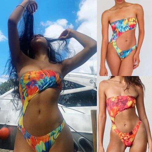 Sexy High Cut Out Monokini Bandeau Push Up One Piece Swimsuit Women Swimwear Print Bandage Bathing Suits Bodysuit Beach Wear