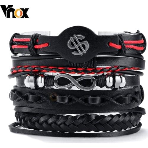 Vnox Casual Assorted Leather Bracelet Sets for Men Lucky Rudder Life Tree US Dollar Charm Bangle Vintage Wristband Male Jewelry