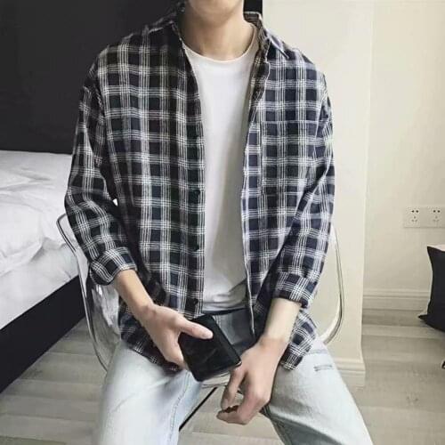 Dropshipping Fashion Men Shirt Turn Down Collar Long Sleeve Plaid Pattern Single-breasted Shirt Top for Work