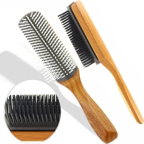Hair Comb Cushion Brush Anti-Static Hairbrush 9 Rows Massage Wooden Comb Styling Detangle Brush(Black)