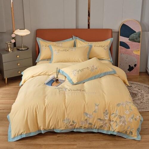 Luxury Yellow flower embroidery Cotton Bedding Set Cotton Duvet Cover Bed Linen Fitted Sheet Pillowcases Home textiles