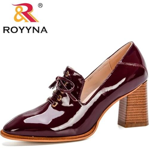 ROYYNA 2020 New Style British Trendy Chunky Heels Patent Leather Shoes Woman School Girls Pumps Office Work Dress Shoes Ladies