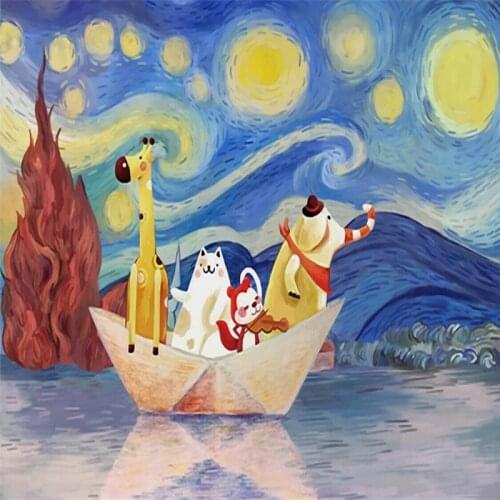 Hand-painted cartoon starry animal childrens room theme wall professional production wallpaper mural