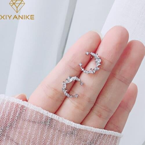 XIYANIKE 925 Sterling Silver Creative Geometric Moon Stud Earrings Prevent Allergy for Women Girl Charming Trendy Party Jewelry