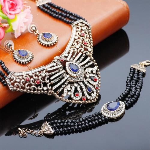 Sunspicems 2021 Vintage Turkish Wedding Bead Jewelry Sets For Women Antique Gold Color Crystal Earring Necklace Bracelet Bijoux
