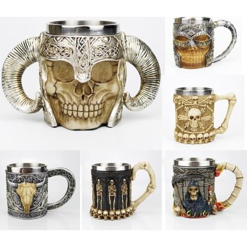 Tankard Mugs Stainless Steel Skull Mug Contain Skeleton Death Grim Dragon 3D Design Coffee Beer Halloween Gift Short Wine Glass