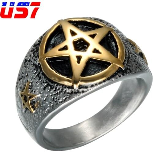 US7 Vintage Men Finger Pentagram Punk Rings Cool Heavy Gold Silver Color Stainless Steel Biker Rings For Men Jewelry Gift