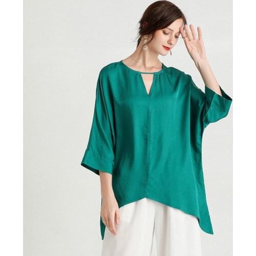 2021Summer Fashion Elegant Women V-neck Fake Silk Shirt Loose Big Size Solid Color Skin-friendly Tops Female Asymmetrical Blouse