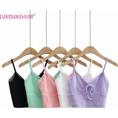 LUNDUNSHIJIA 2020 Europe Summer Cute Camisole Top Lace V-neck Bustier Cropped Feminino Womens Slim Short Sexy Tube Tops